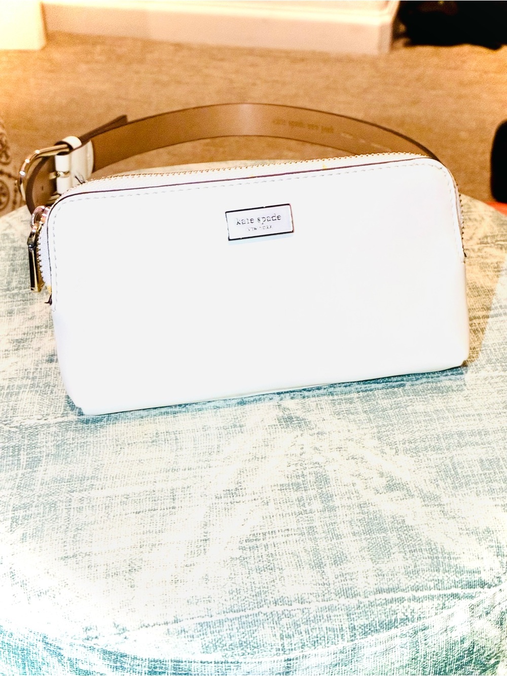 kate spade White Leather Crossbody Belt Bag with Tan Strap